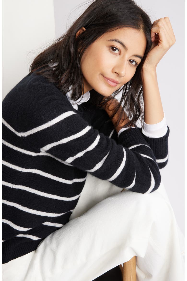 Cashmere Crewneck Sweater, Alternate, color, BLACK- IVORY STACY STRIPE