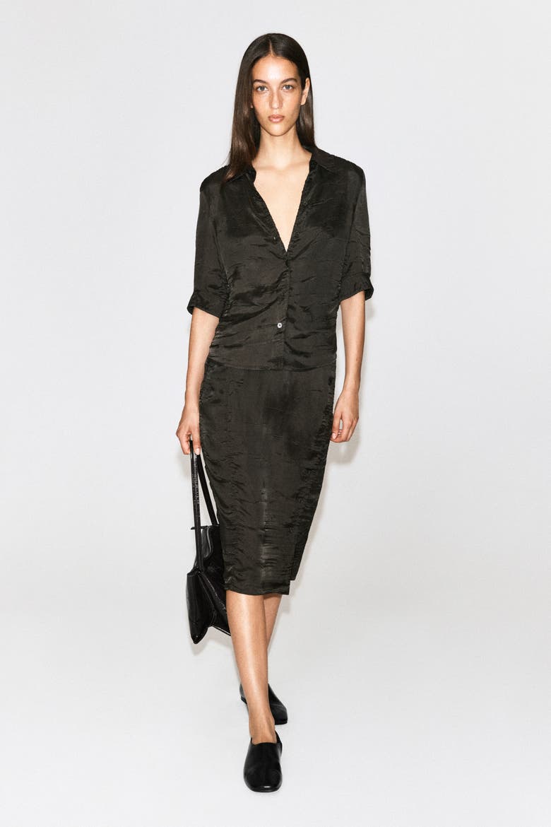 Gathered Crinkled Shirt, Alternate, color, BROWN