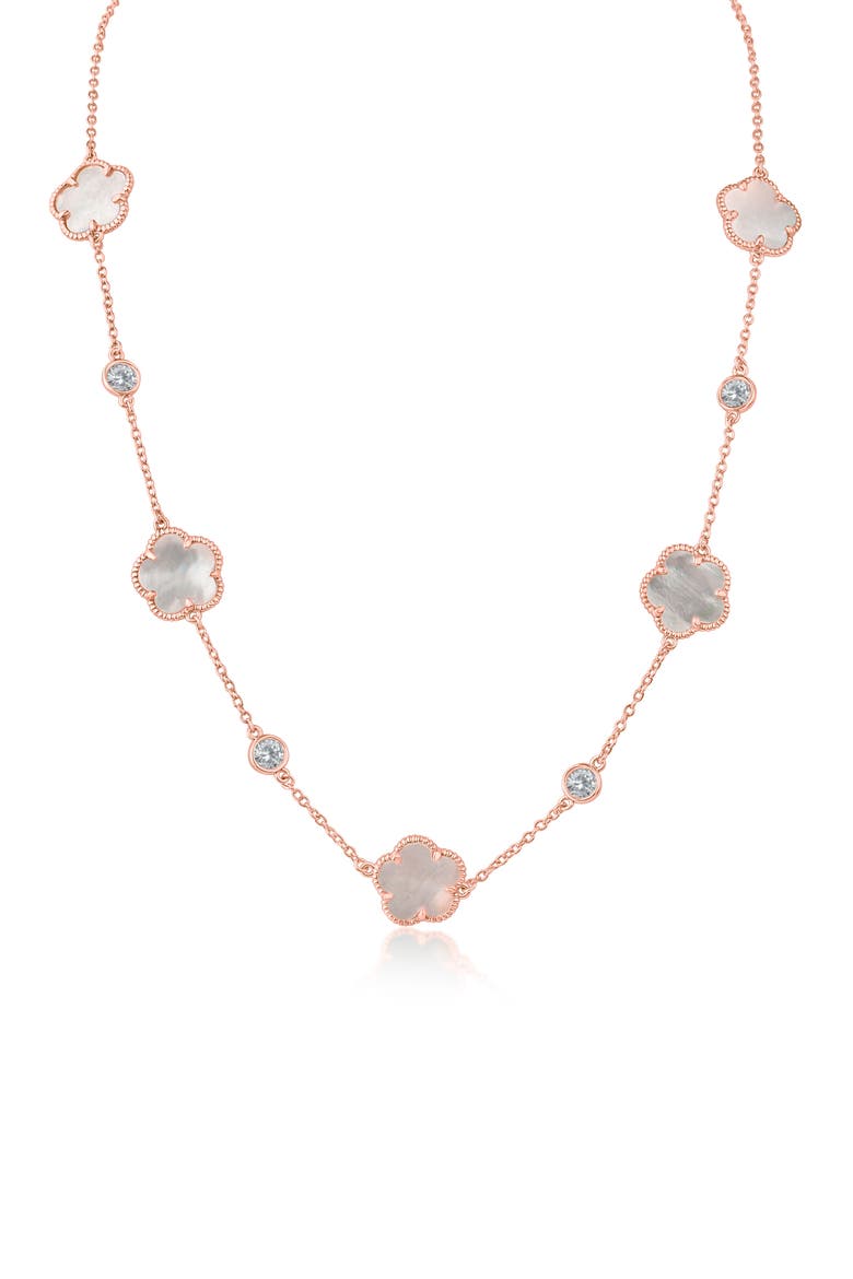 Cubic Zirconia & Synthetic Mother-of-Pearl Clover Station Necklace, Main, color, MOP/ CLEAR ROSE GOLD