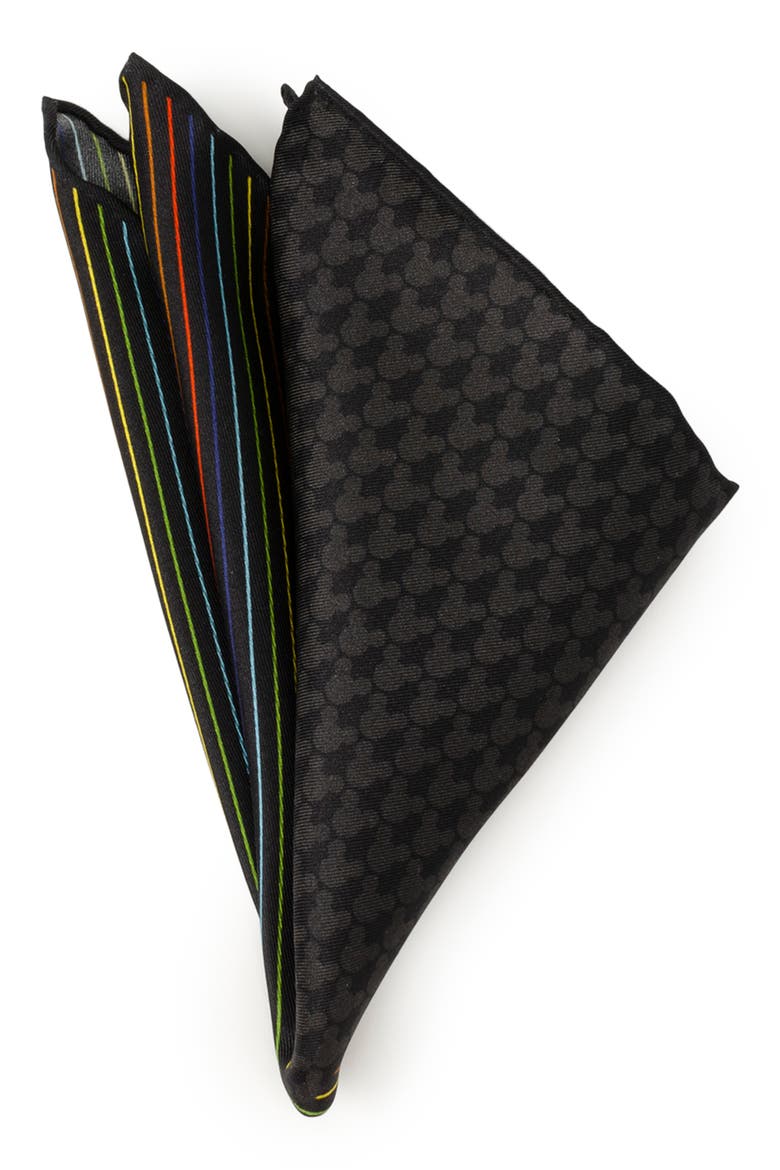 x Disney Mickey Rainbow Stripe Silk Pocket Square, Main, color, BLACK