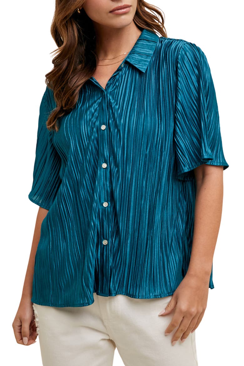 Pleated Satin Shirt, Main, color, TEAL