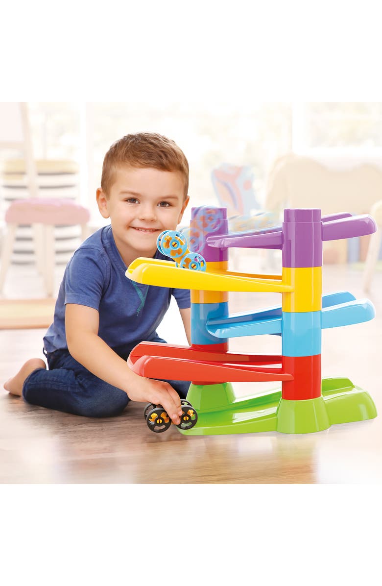 Quercetti Flip Car Race Track Stacking Ramp Playset, 2 Flipping Cars, Alternate, color, Multicolored