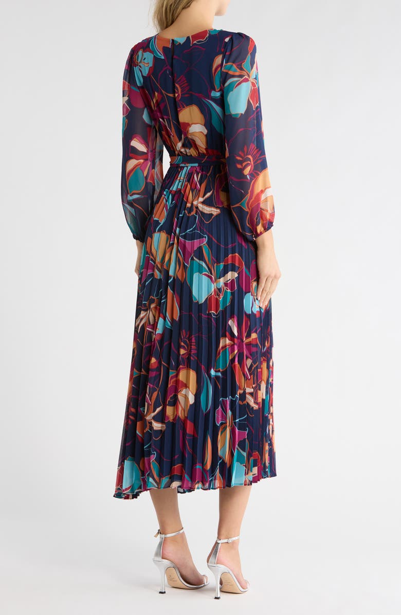 SANDRA DARREN Pleated Long Sleeve Maxi Dress, Alternate, color, Navy Multi