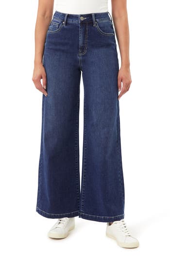 Curve Appeal Parisian Cafe High Waist Wide Leg Knit Jeans In Blue