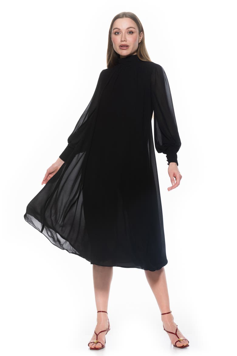 Kehlani Long Sleeve Chiffon Midi Dress, Alternate, color, BLACK