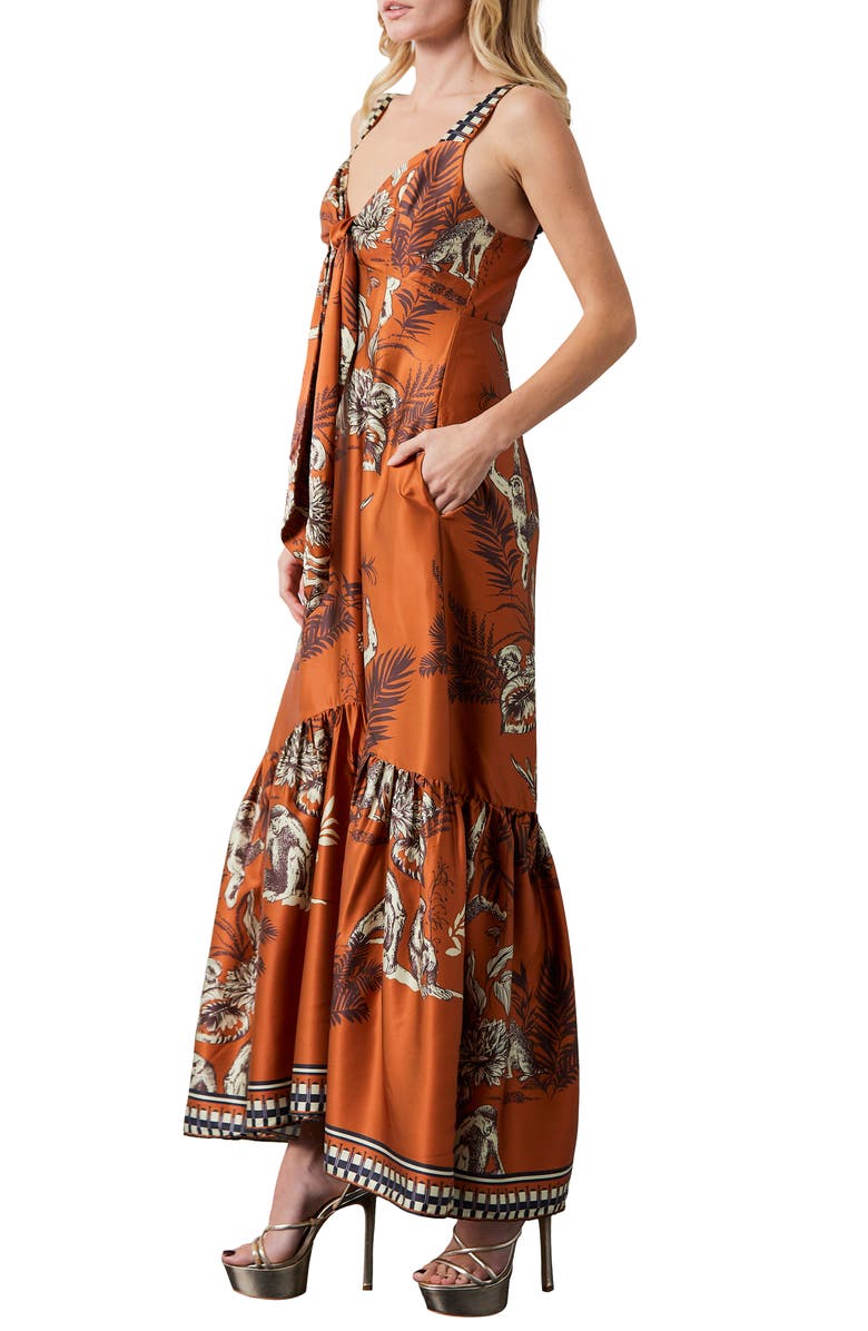 CIEBON Kira Print Front Tie Satin Maxi Dress, Alternate, color,