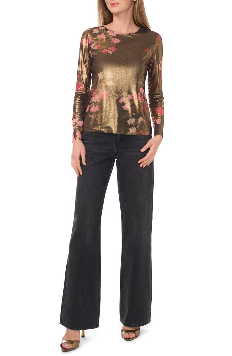 Ted Baker Metallic Floral Long Sleeve Mesh Top, Alternate, color, Rich Black/ Gold