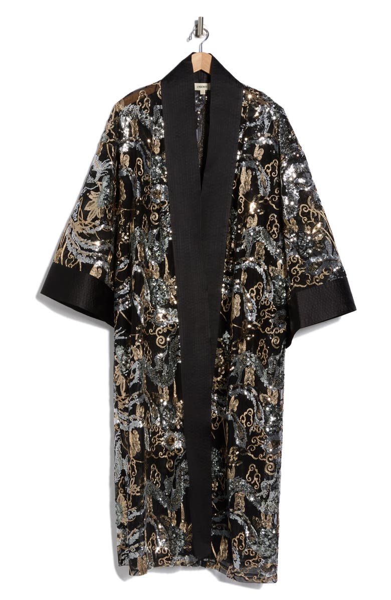 L'AGENCE Jin Sequin Embellished Open Front Ruana, Main, color, Black/ Gunmetal/ Gold Multi