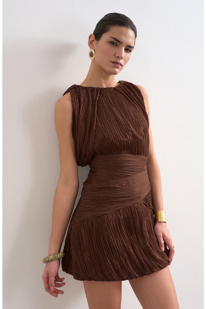 Drape Shoulders Pleated Minidress, Alternate, color, BROWN