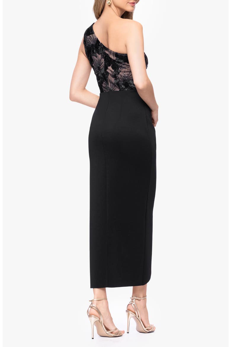 Metallic Floral Mixed Media One-Shoulder Cocktail Midi Dress, Alternate, color, BLACK/ NUDE