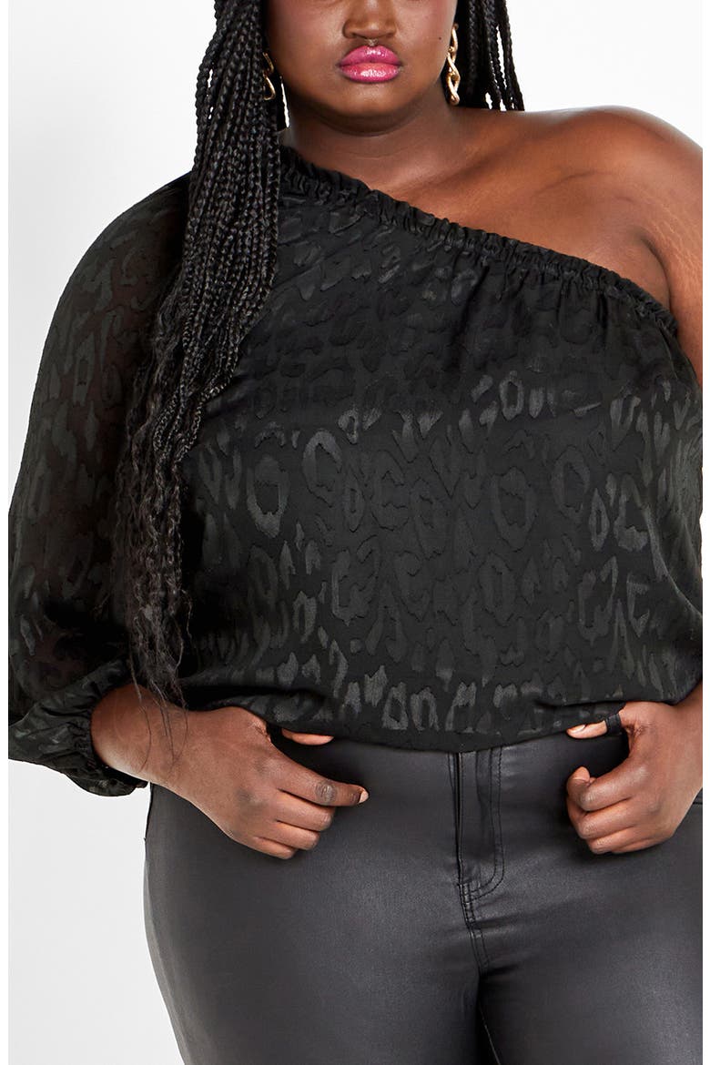 Jojo Leopard Jacquard One-Shoulder Top, Main, color, BLACK