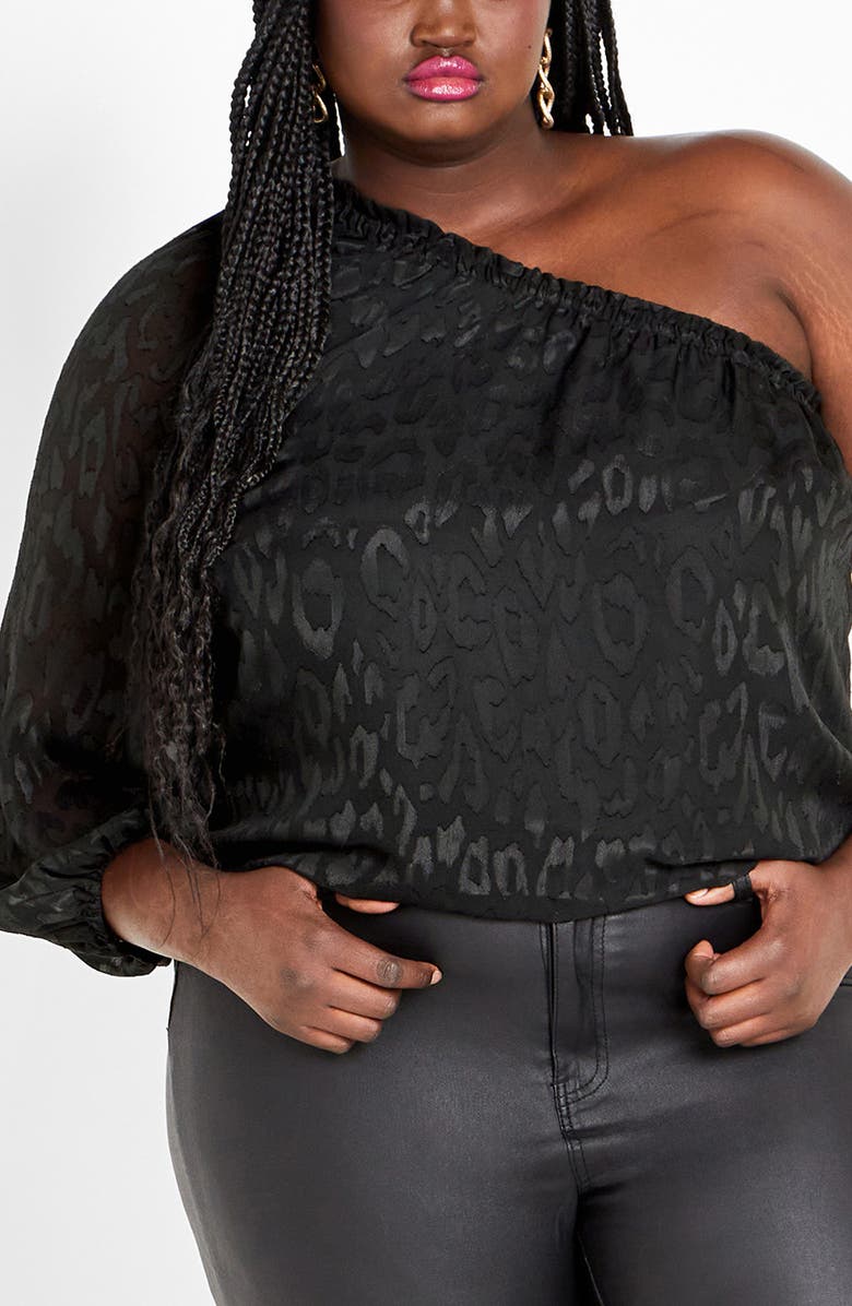 City Chic Jojo Leopard Jacquard One-Shoulder Top, Main, color, Black