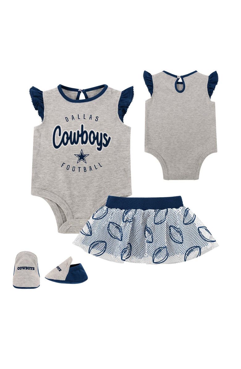 Outerstuff Newborn Heather Gray/Navy Dallas Cowboys All Dolled Up Three-Piece Bodysuit, Skirt & Booties Set, Main, color, 