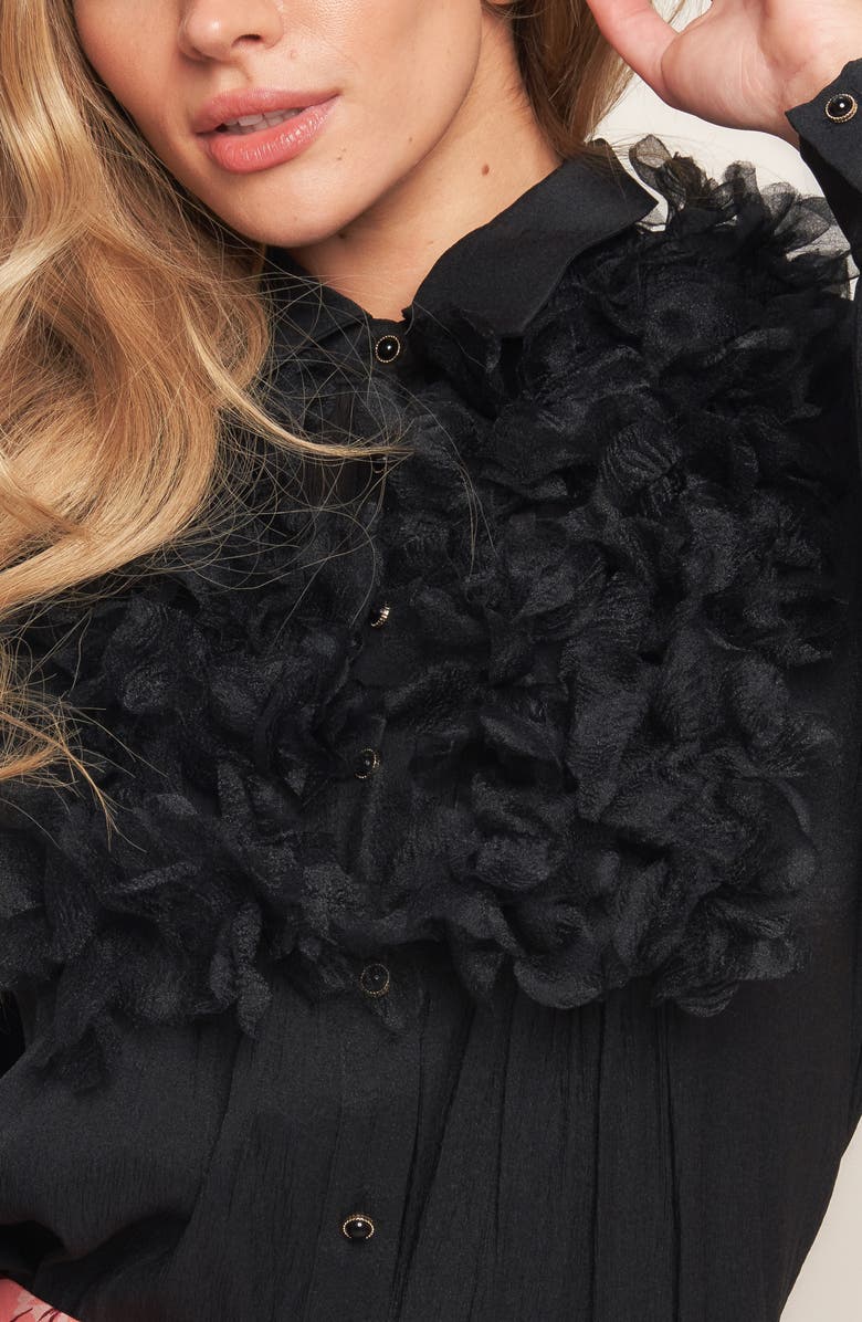 FLYING TOMATO Floral Appliqué Button-Up Shirt, Alternate, color, Black