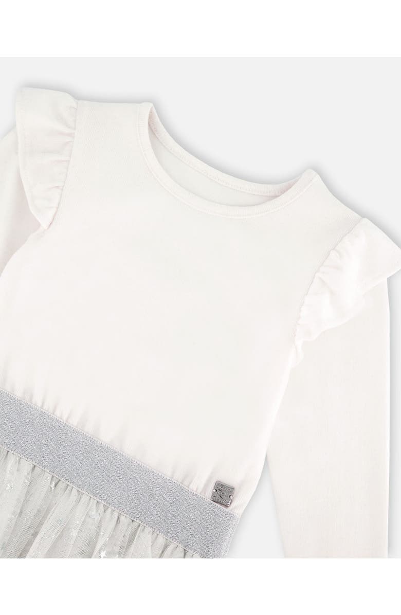 Deux par Deux Girl's Long Sleeve Dress With Glittering Tulle Skirt Off White, Alternate, color, 