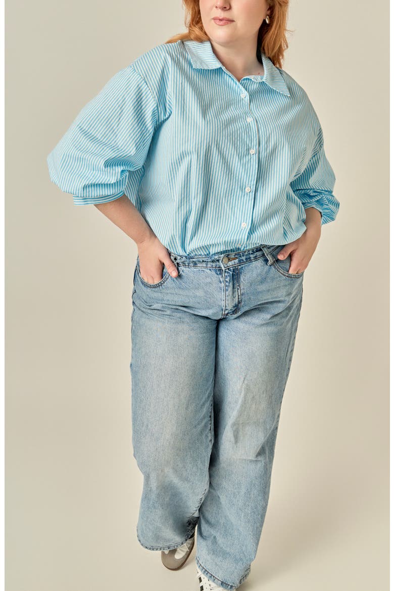 Striped Balloon Sleeve Button Down Shirt, Alternate, color, POWDER BLUE