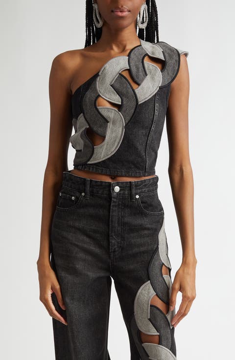 Chain Cutout One-Shoulder Denim Crop Top