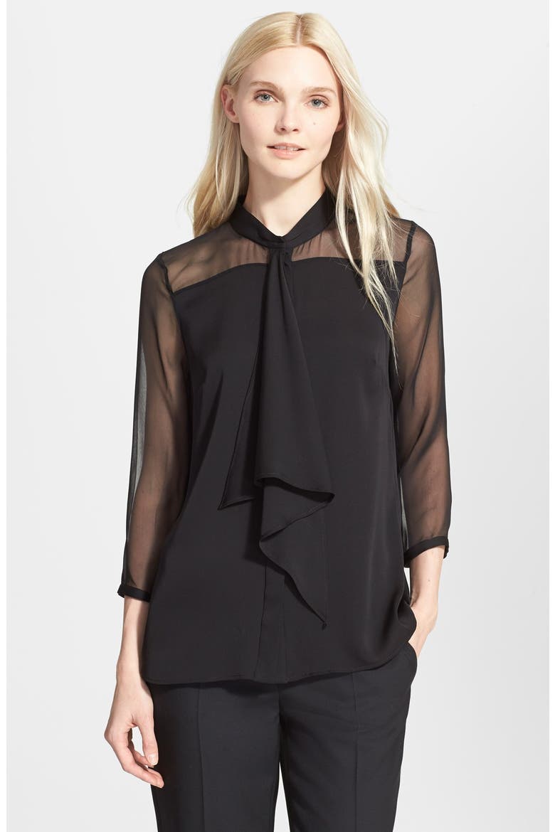'Cascade' Ruffle Front Stretch Silk Blouse, Main, color, BLACK