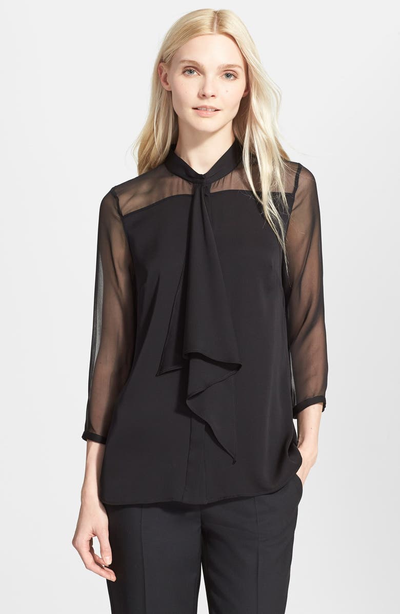 Milly 'Cascade' Ruffle Front Stretch Silk Blouse, Main, color, 