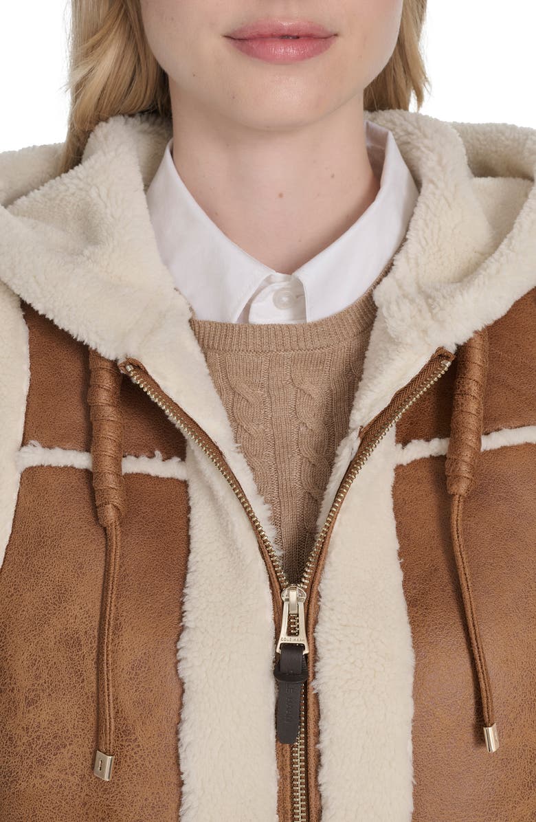Cole Haan Hooded Faux Waxed Suede & Faux Shearling Vest, Alternate, color, Hazelnut