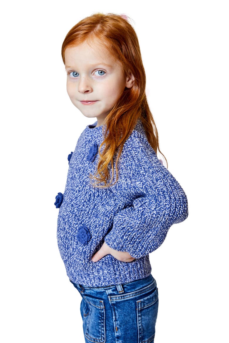 Kids' 3D Floral Appliqué Cotton Blend Sweater, Alternate, color, NAVY SKY
