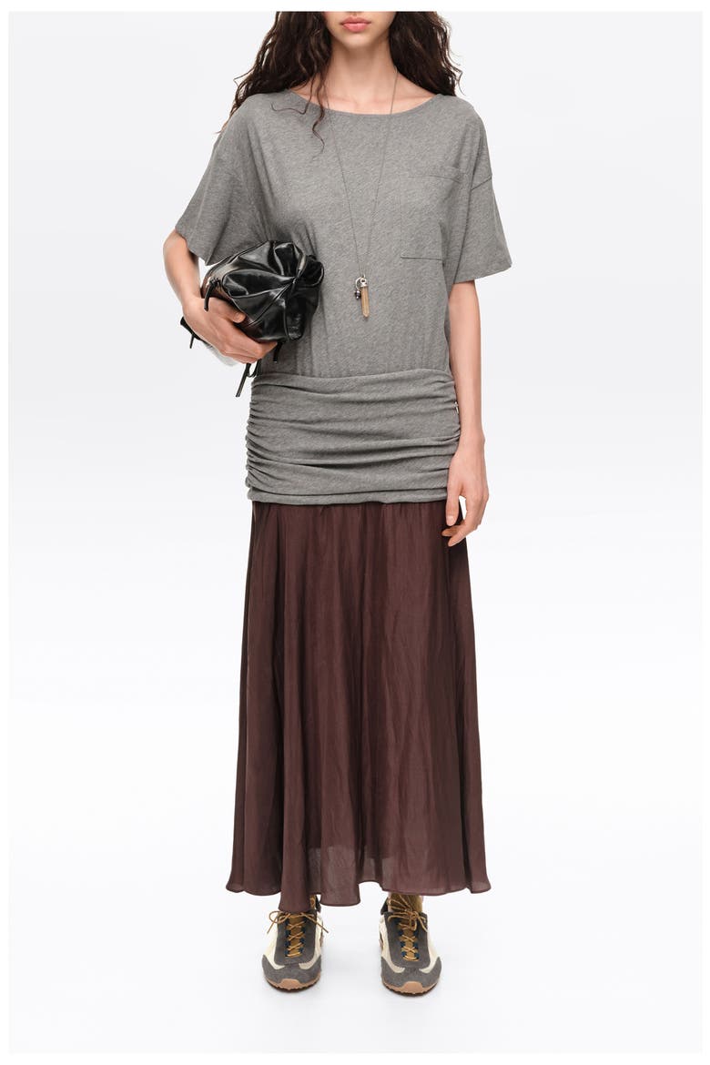 Ruched Two-Material Flared Midi Dress, Alternate, color, MELANGE GREY