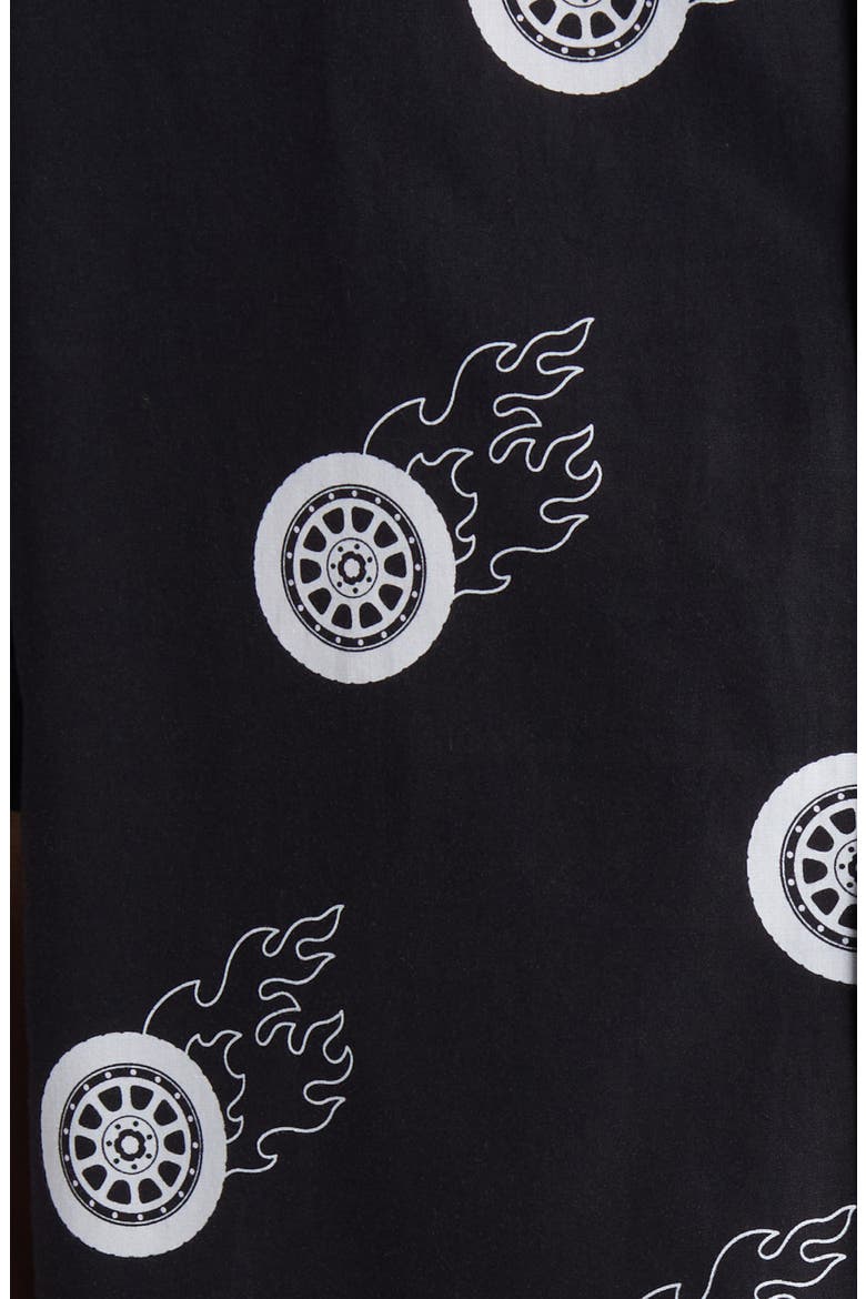 Egeeno Flaming Tire Print Camp Shirt, Alternate, color, BLACK