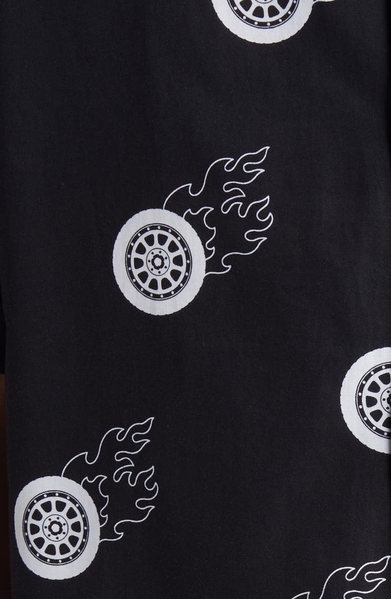 HUGO Egeeno Flaming Tire Print Camp Shirt, Alternate, color, Black
