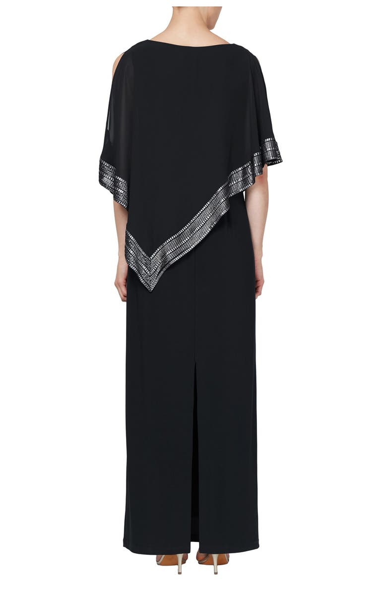 SL FASHIONS Foil Trim Asymmetric Popover Capelet Gown, Alternate, color, 