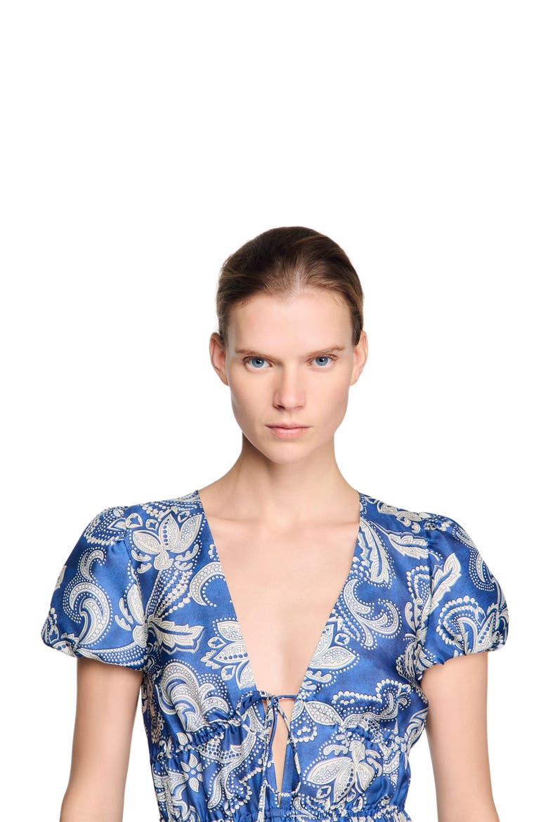 Floral print short dress, Alternate, color, Blue / ecru