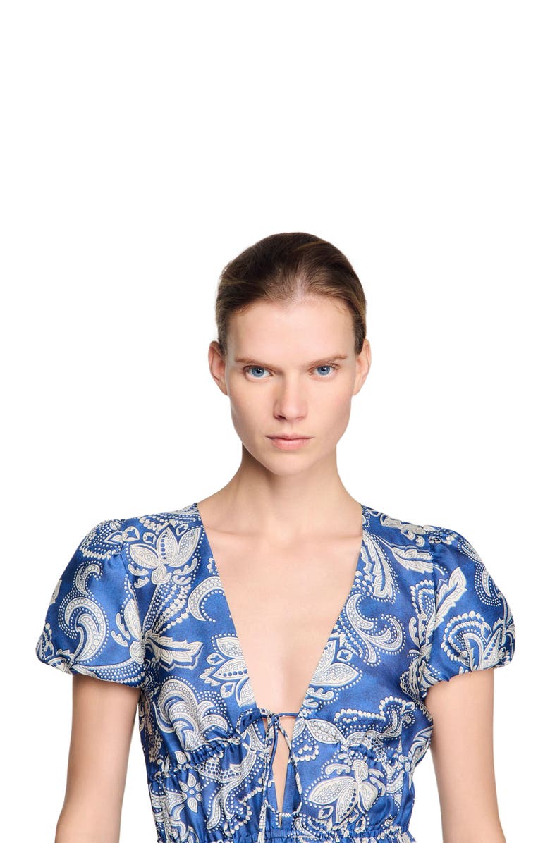 SANDRO Floral print short dress, Alternate, color, Blue / Ecru
