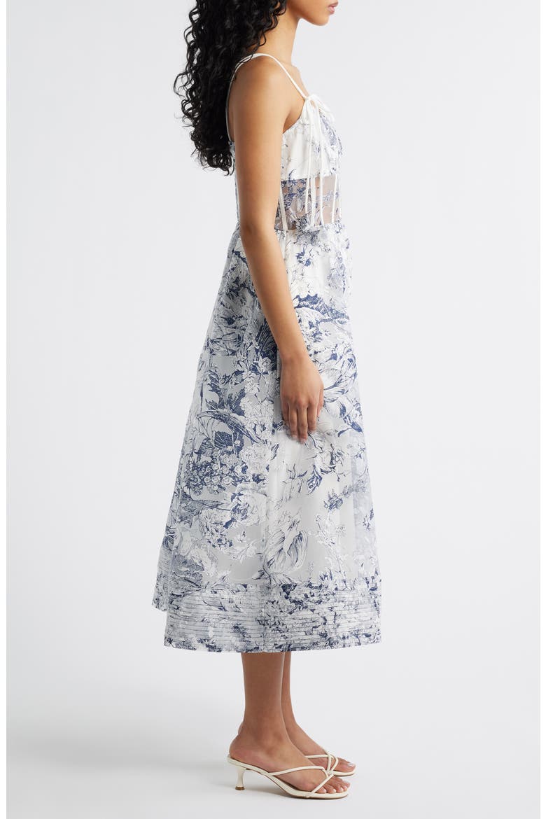 Cyrus Floral Sheer Waist Midi Dress, Alternate, color, WHITE NAVY