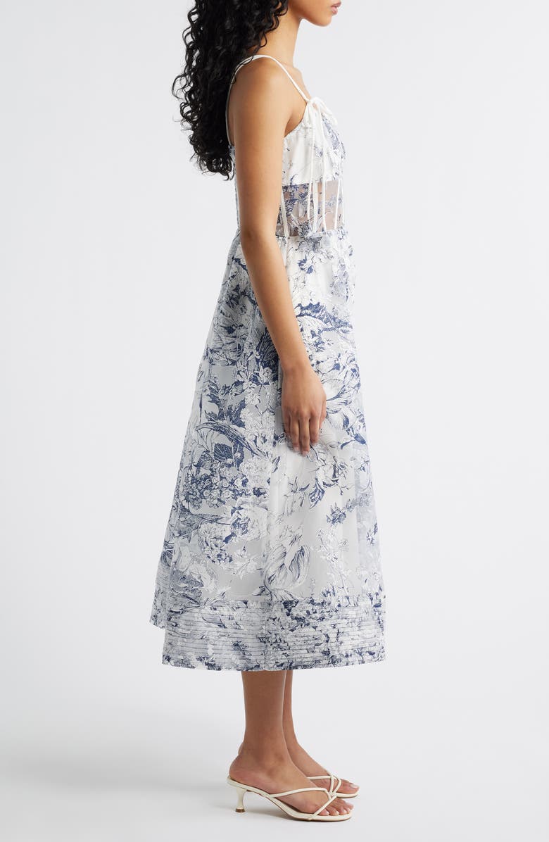 En Saison Cyrus Floral Sheer Waist Midi Dress, Alternate, color, White Navy