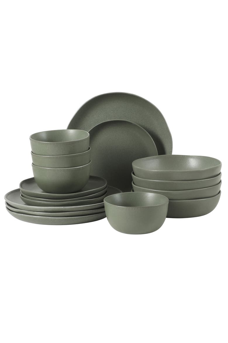 Menlo Park 16-Piece Stoneware Embossed Plates and Bowls Dinnerware Se, Main, color, Green
