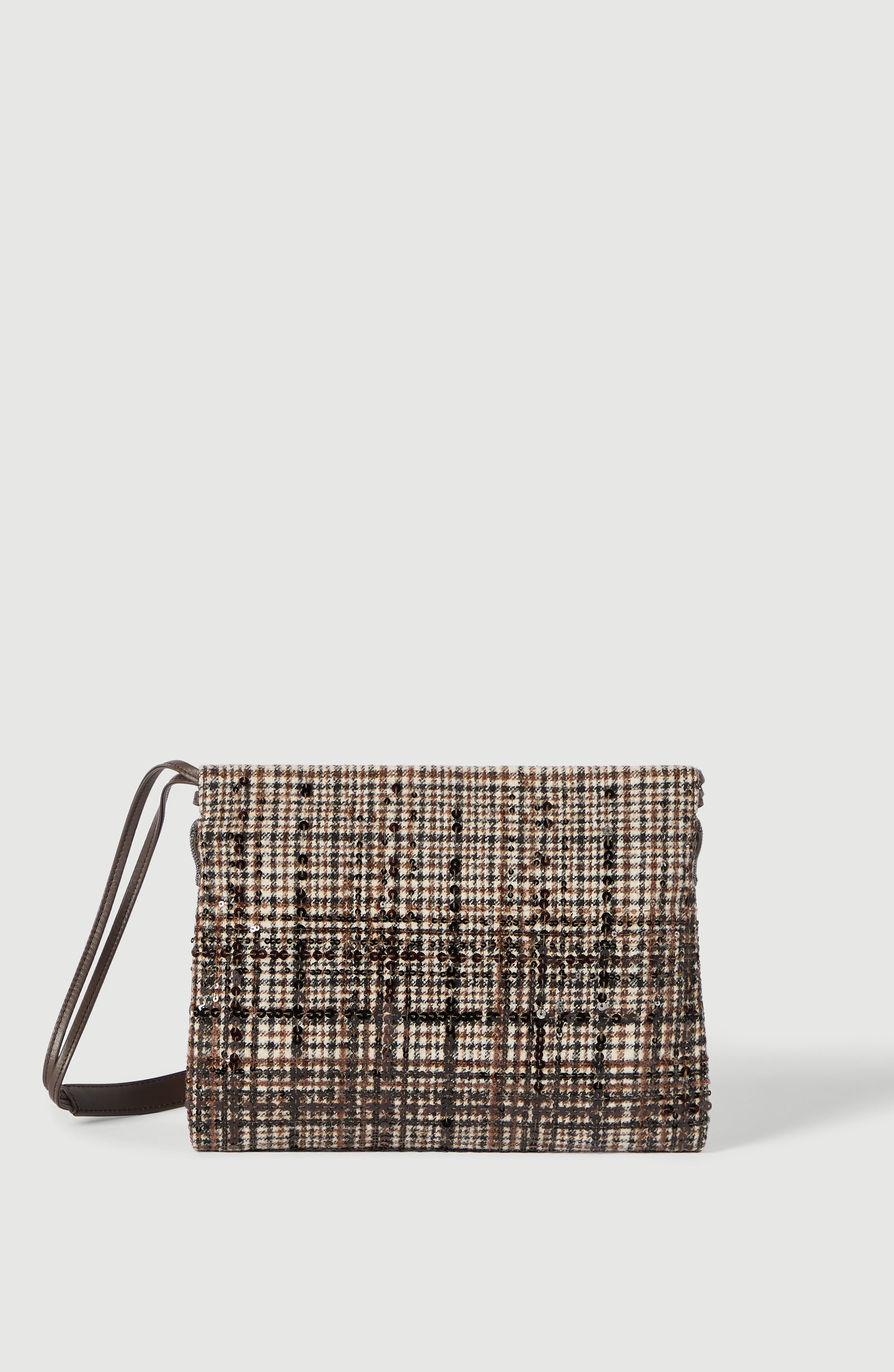 Pouch bag in water-resistant checked alpaca and wool with dazzling degradé embroidery, Main, color, Brown