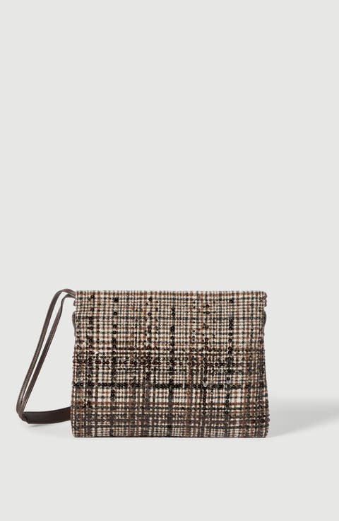 Pouch bag in water-resistant checked alpaca and wool with dazzling degradé embroidery