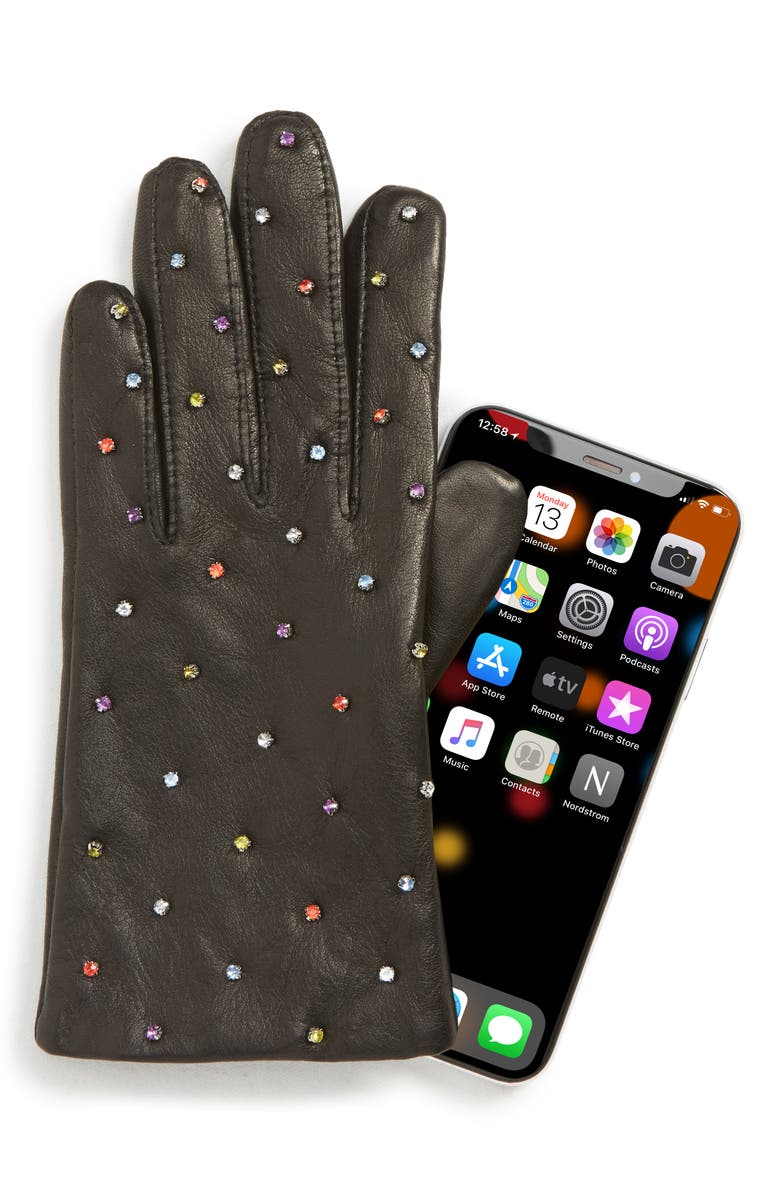 Echo Rani Crystal Embellished Leather Touchscreen Gloves, Alternate, color, 