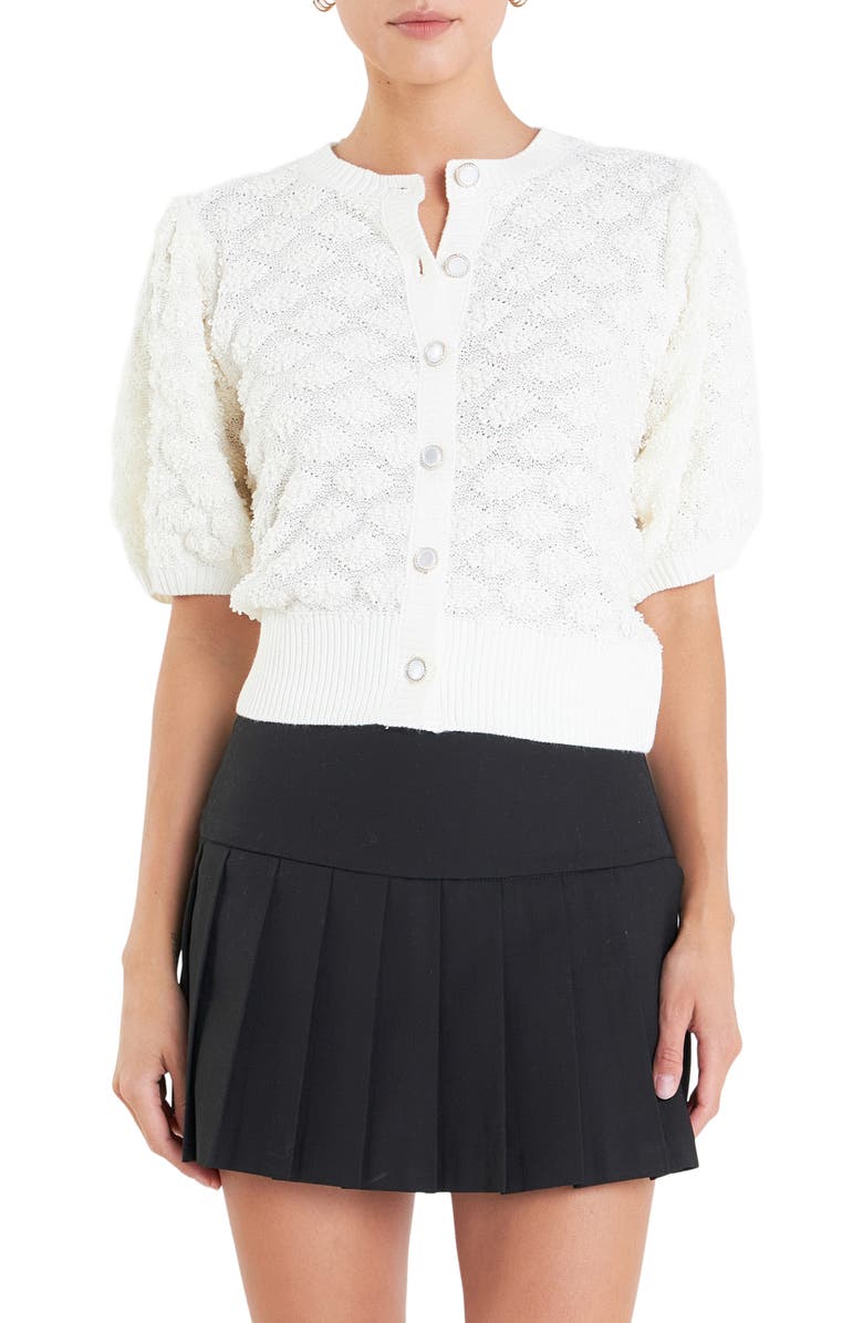 English Factory Textured Puff Sleeve Cardigan, Main, color, Ivory