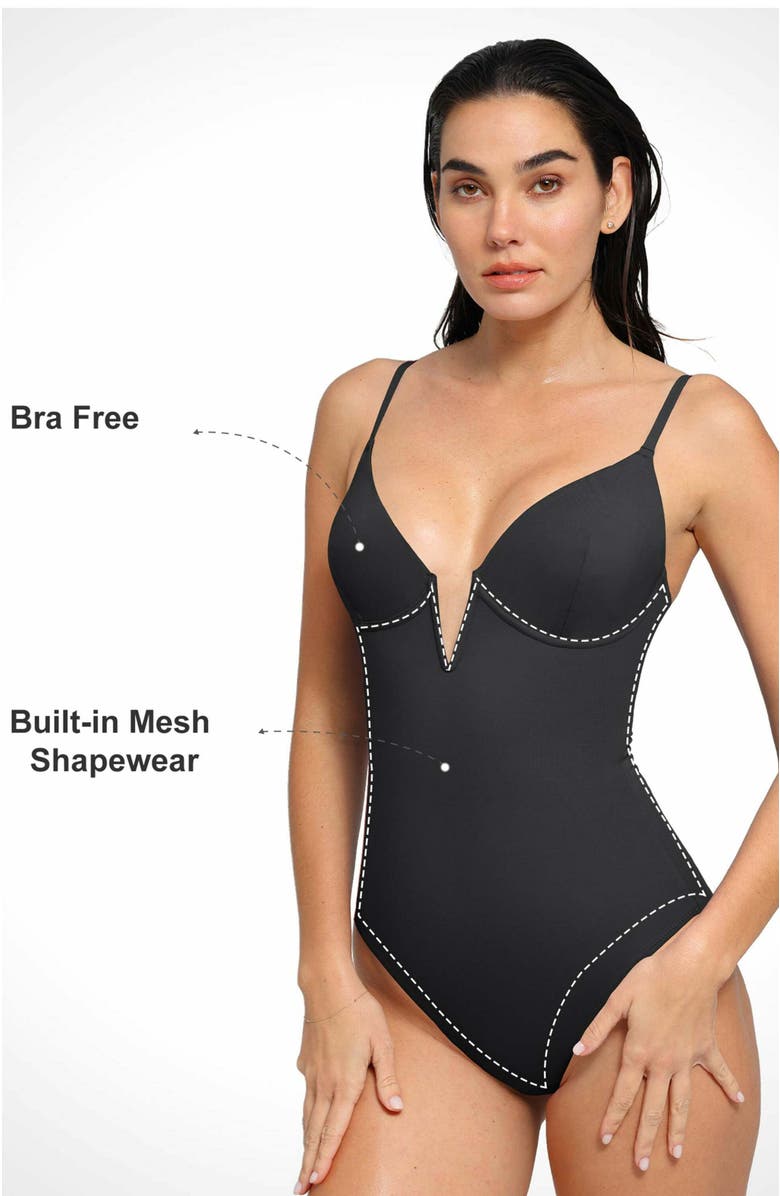 Popilush Shapewear Plunging V Slimming One-Piece Swimsuit, Alternate, color, Midnight Black