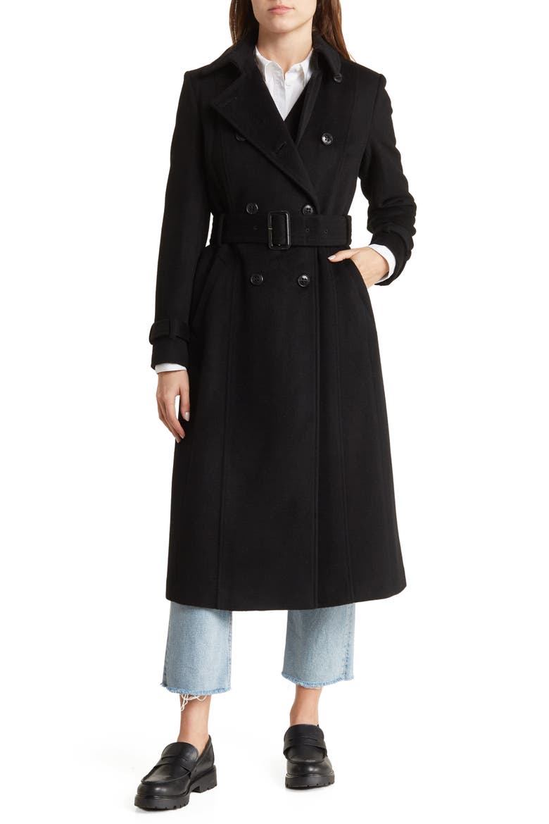 Slick Belted Double Breasted Trench Coat, Main, color, BLACK