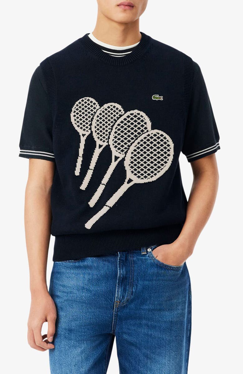Lacoste Tennis Rackets Jacquard Cotton Sweater Vest, Main, color, Blackbird/ Powder