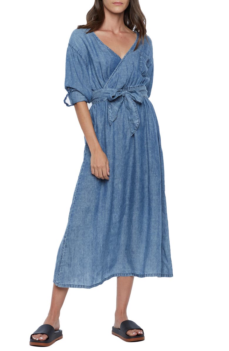 Wash Lab Denim Crossover Faux Wrap Denim Midi Dress, Main, color, 