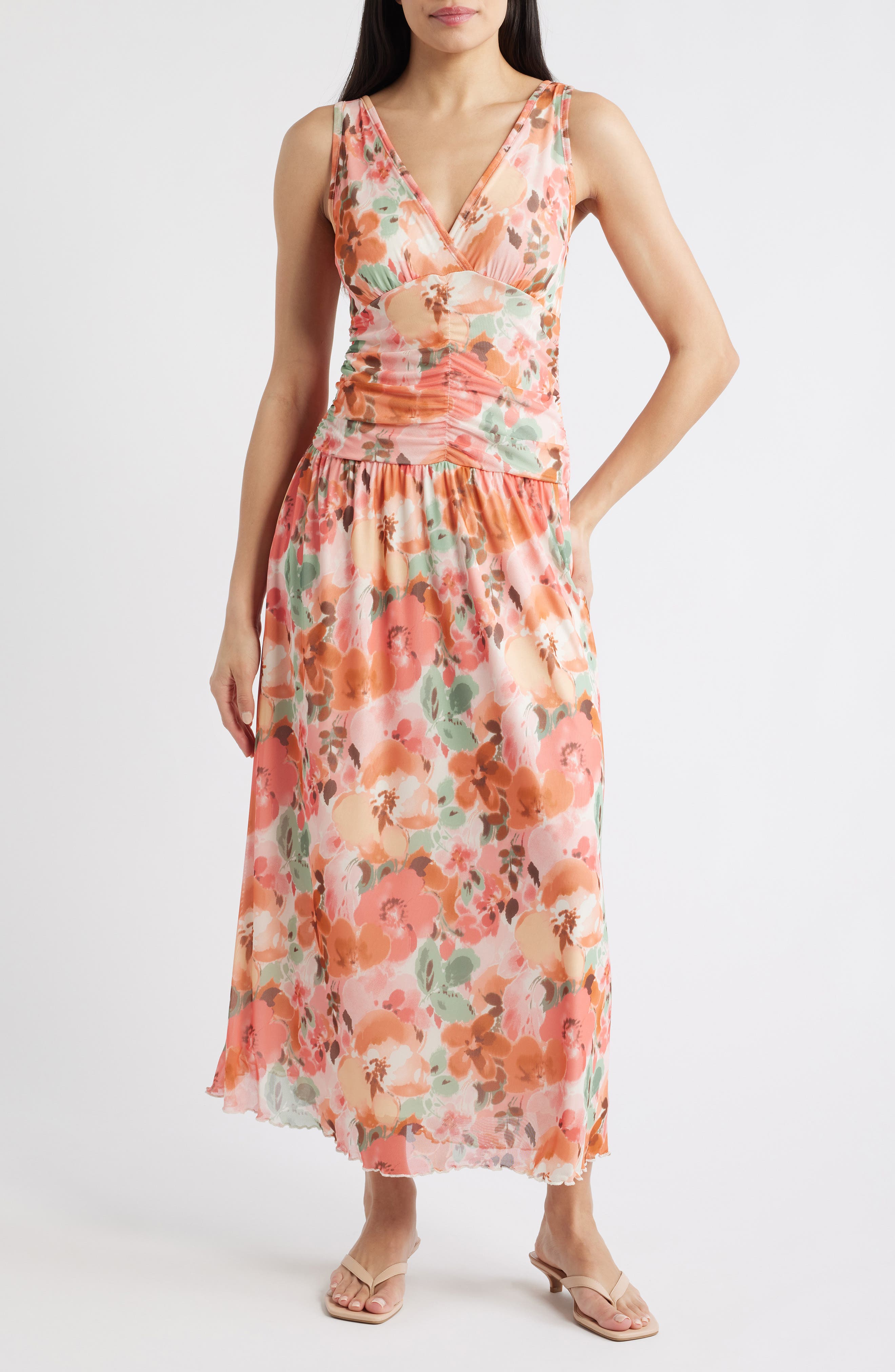 Loveappella Floral Ruched Mesh Maxi Dress In Multi