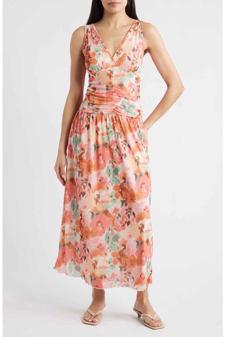 Floral Ruched Mesh Maxi Dress, Main, color, BLUSH