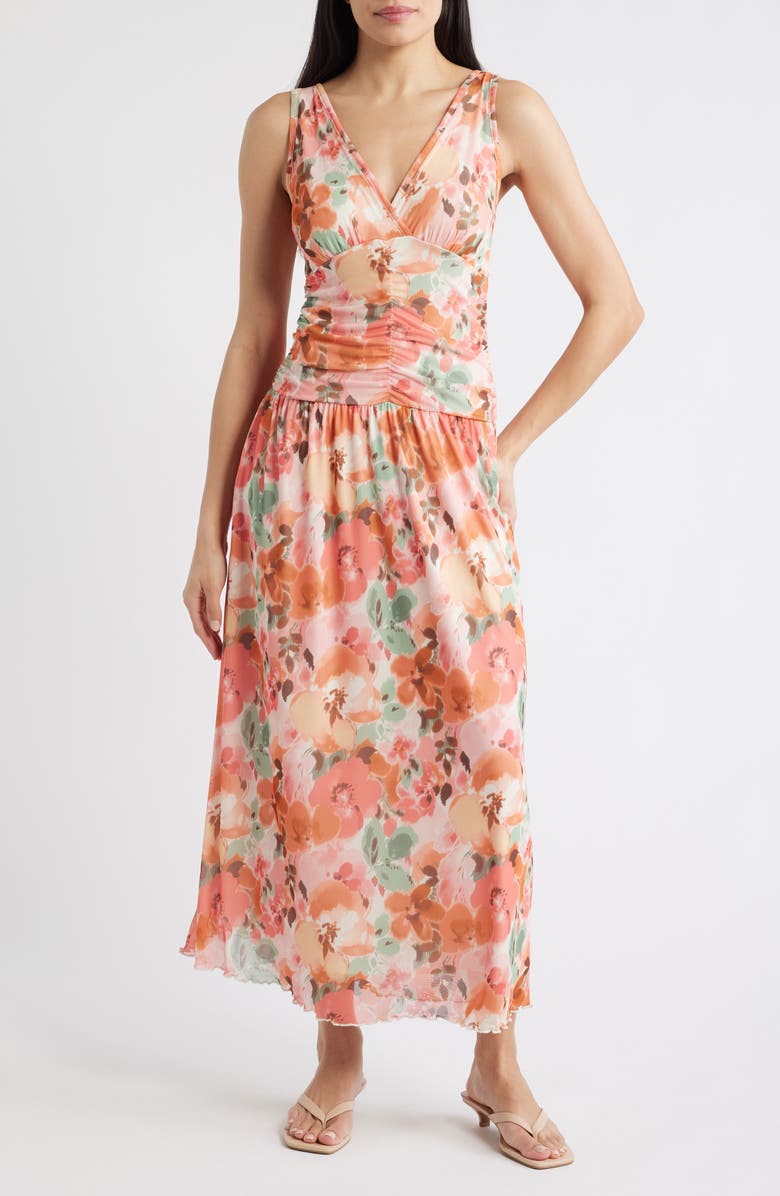 Loveappella Floral Ruched Mesh Maxi Dress, Main, color, Blush