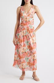 Loveappella Floral Ruched Mesh Maxi Dress
