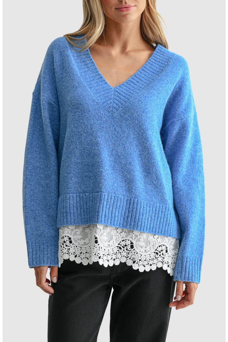 Lace Hem V-Neck Sweater, Main, color, CORNFLOWER BLUE