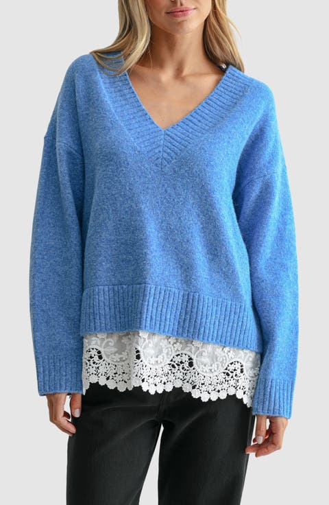 Lace Hem V-Neck Sweater