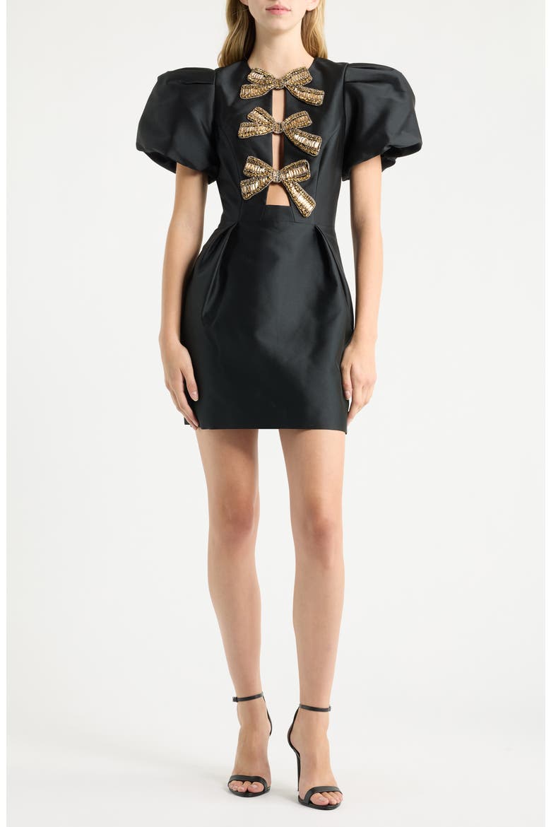 Venus Sequin Bow Detail Cocktail Minidress, Main, color, BLACK
