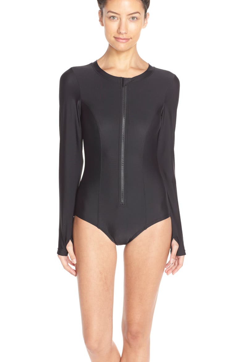 Long Sleeve One-Piece Swimsuit, Alternate, color, BLACK